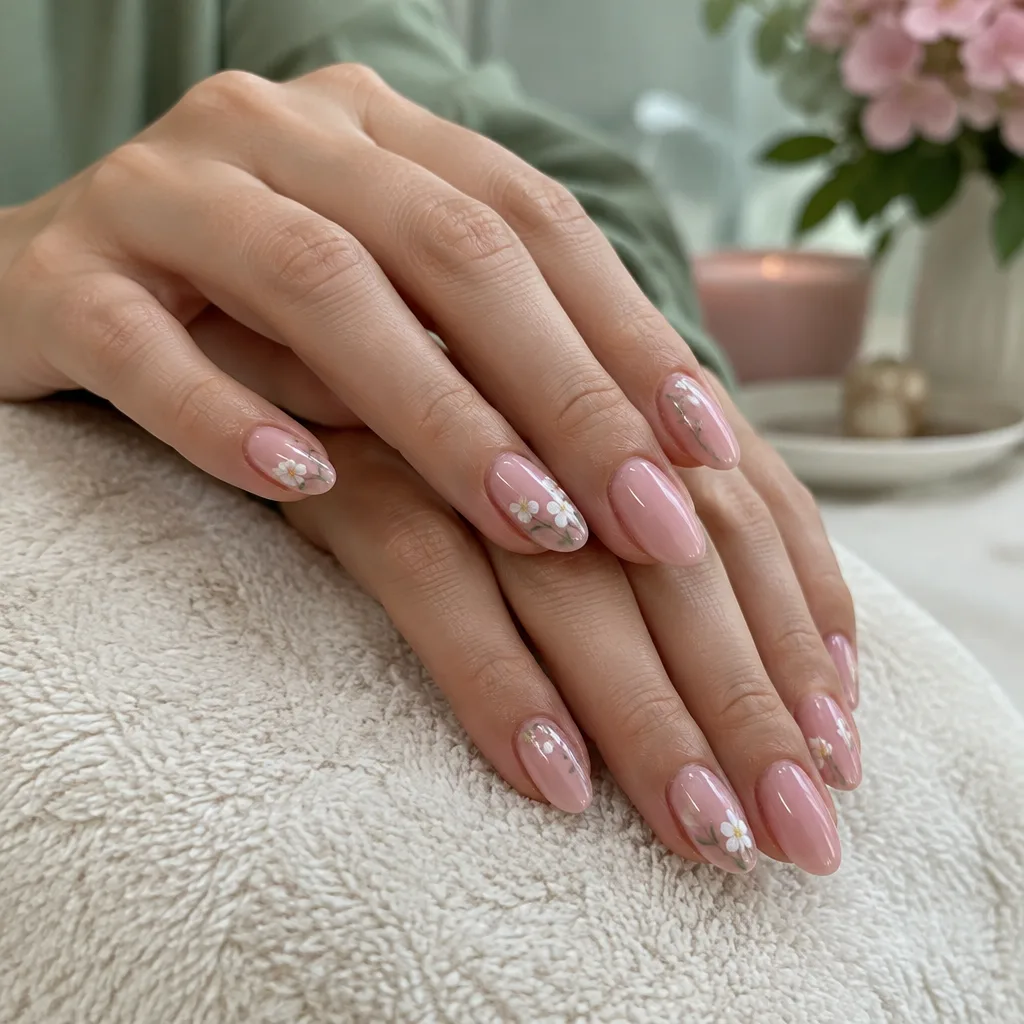 Soft pink gel nails with tiny white flowers (style example)