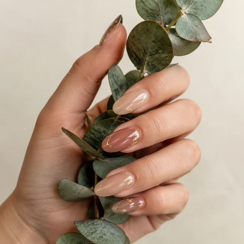 Nude and rose gel nails with gold foil accents (style example)